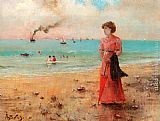 Alfred Stevens Canvas Paintings - Jeune femme a l'ombrelle rouge au bord de la mer